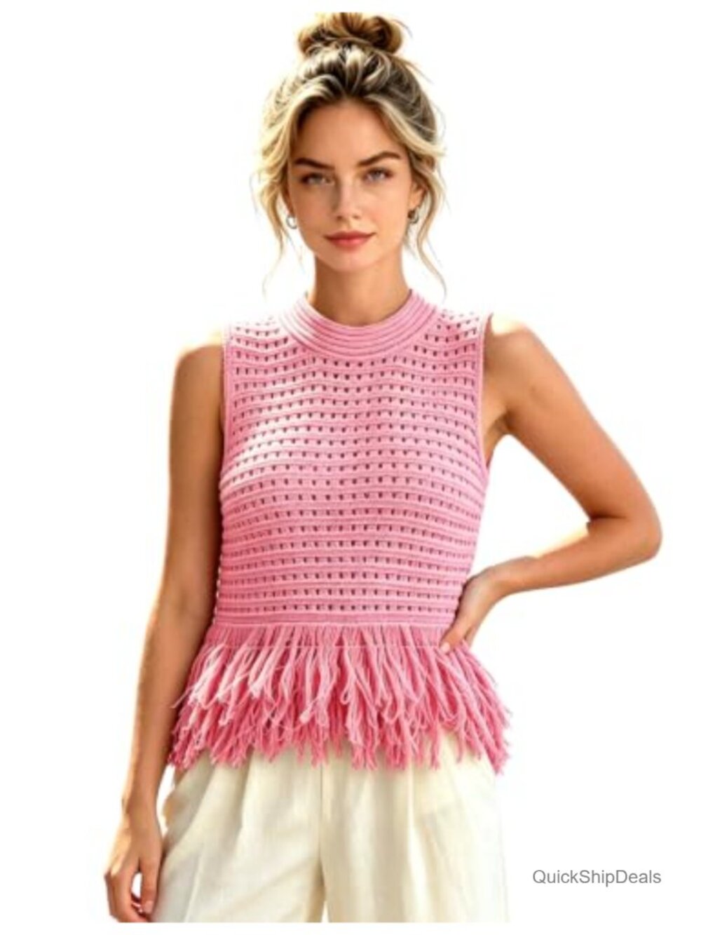 Womens Crochet Fringe Sweater Vest Sleeveless Crop Boho Beach Top
